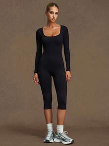 VVX Women's Capris Yoga Jumpsuit Square Neck Long Sleeve, Seamless Ribbed Tummy Control Solid Color Sportswear Workout Gym Jumpsuit Black - Black - View 5
