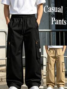 Men's Multi-Pocket Cargo Wide Leg Pants, Elastic Waist Drawstring Draped Casual Long Pants - Black - View 2