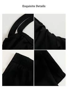 女士休闲无袖露脐上衣及宽松套装，时尚度假装，春夏黑色优雅款 - 黑色 - 查看 6