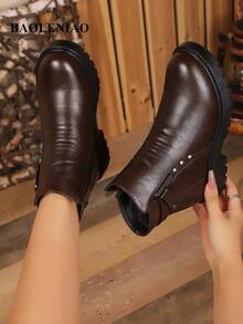 Women's Fashion Boots Solid Color Commute Elegant Side Zipper Ankle Boots Holiday Office Autumn/Winter Thermal Lined Warm Anti-Slip Thick Sole Comfortable Ankle Boots - Brown - View 5