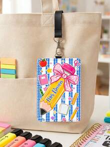 1pc Customized Pencil Bowknot Teacher Badge Pendant, Pink & Blue Plaid Striped Luggage Tag, ID Card Holder, Teacher Appreciation Gift, Back To School, New Job Gift - Multicolor - View 9