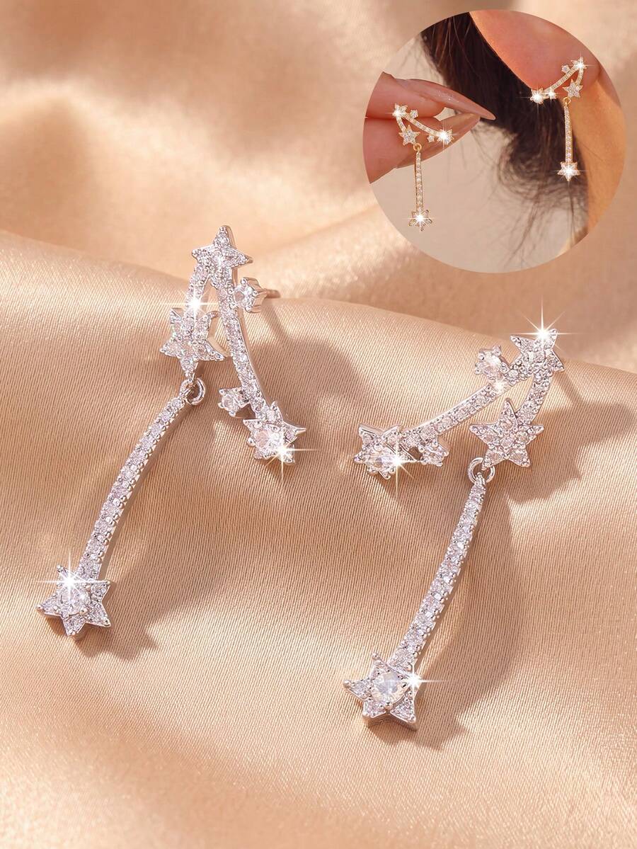 1 Pair Luxury Pentagram Zirconia Inlaid Curved Shooting Star Earrings, Suitable For Women's Evening Dress, Party, Gift And Outfit
