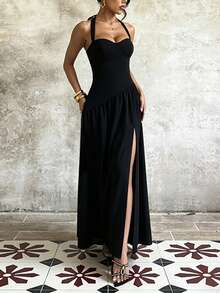 Women's Summer Black Halter Neck Waist-Cinching Patchwork Split Hem Dress, Suitable For Party, Date - Black - View 7