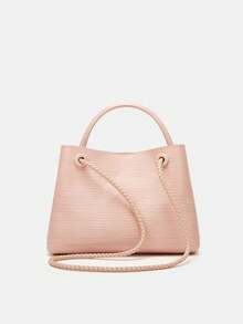 Stone Texture Shoulder Handbag With Metal Rope Buckle, Niche Design Large Capacity Crossbody Bag - Pink - View 7