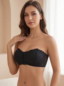 CELILIN Strapless Lace Bandeau Bra For Women - Front Closure Non-Slip Tube Top For Off-Shoulder Outfits - Black - View 2