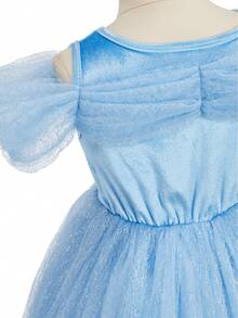 4pcs/Set Girls Light Blue Floral Pattern Tulle Petal Sleeve Dress, Crown, Magic Wand, Handbag Set, Children's Role Play Dress Outfit For Party, Christmas, Carnival - Light Blue - View 11