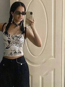 Y2K E-Girl Punk Print Sleeveless Ribbed Knit Top Women 2000s Crop Top Summer Fairy Grunge 90s Hippie Tee Korea Fashion - White - View 7