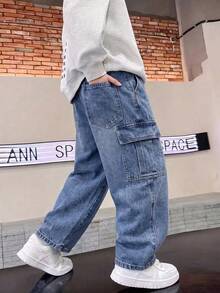 Tween Boy Fashion Street Button Pocket Cargo Denim Jeans - Medium Wash - View 5