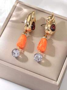 1 Pair Elegant Vintage Bohemian Style Alloy Water Drop Asymmetrical Orange Acrylic Block Pendant Earrings, Suitable For Women's Vacation, Party, Date And Daily Wear - Gold - View 6