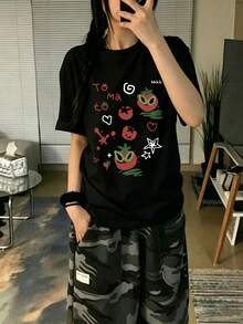 日式大尺碼女款寬鬆休閒圓領卡通番茄與水果印花短袖T恤，春夏白色黑色 - 黑色 - 查看 6