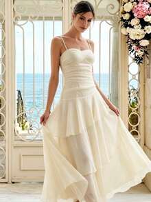 Women's Elegant Asymmetrical Ruffle Strap Dress, Versatile Design Suitable For Party, Beach, Vacation In Summer Wedding - Apricot - View 4