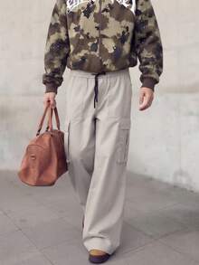 Men's Cargo Pants Elastic Waist Long Pants Woven Straight Leg Loose Casual Minimalist Style Dual Pockets Drawstring Cargo Long Pants Spring Summer - Apricot - View 2