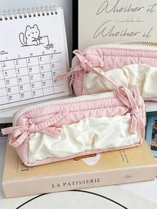 1pc Cute Polka Dot Bowknot Large Capacity Zipper Pencil Case, Student Stationery Storage Bag, Multifunctional Fabric Storage Pouch, First Day Of School - Multicolor - View 11