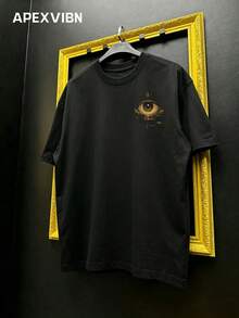 Dark God's Eye Palm Print T-Shirt, High Street Vintage Loose Black Short Sleeve - Black - View 3