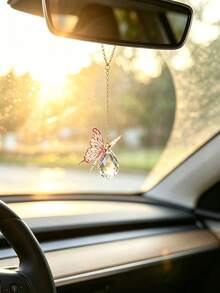 1件粉色蝴蝶水晶水滴車用後視鏡吊飾，金色鏈條汽車內飾裝飾掛件，適用車輛擋風玻璃的美感車飾配件 - A - 查看 3