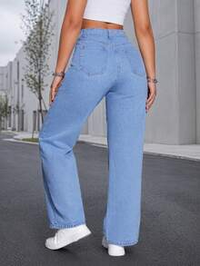 Jeans casuales de pierna recta y corte holgado para mujer, Pantalones vaqueros para mujer de pierna ancha y ajuste holgado con bolsillos para uso diario - Azul - Ver 2