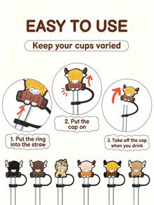 6/3/1pc Highland Cow Silicone Straw Cap Set, Cute Cow-Shaped Straw Top Cover, Fits 30oz And 40oz Handle Tumblers, 10mm Universal Straw Dust Cap, Reusable Dust-Proof Straw Plug, Home Travel School Office Car Daily Drinking Cup Accessories - Multicolor - View 9