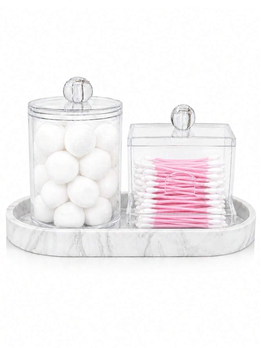 Clear Acrylic Cotton Pad & Swab Holder Set With Silicone Marble Tray, Bathroom Vanity Organizer, Makeup Storage Container With Lid - Multicolor - View 1