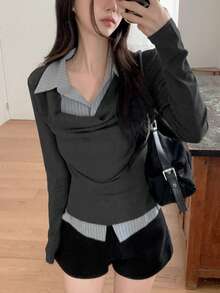 Kaos Lengan Panjang Patchwork Bergaris 2 in 1 Kasual Musim Semi/Gugur - Dark Grey - View 2