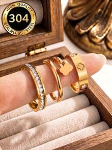 3pcs/Set Women's Rings, Long-Lasting Color, 18K Stainless Steel Fashion Elegant Rings For Summer, Size 6-10, Wedding Rings - Golden 1 - View 11