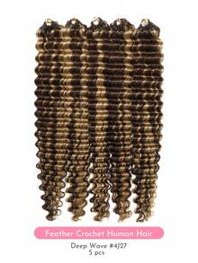 WOWANGEL 5pcs Deep Wave Pre-Looped Feather Crochet Human Hair Extensions Suitable For Miracle Knots Bohemian Braids, Deep Wave Curly Hair, 5-6 Packs For Full Head, Knotless Bohemian Braids, Vacation Hairstyle, Voluminous Texture, Time-Saving Wear, Summer Vibe - SP4/27 - View 2