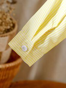 2pcs/Set Baby Girl Embroidered Vest & Striped Long Sleeve Shirt Dress, Casual Daily Wear, Versatile Outfit, Spring/Summer, Preppy Style - Mustard Yellow - View 6