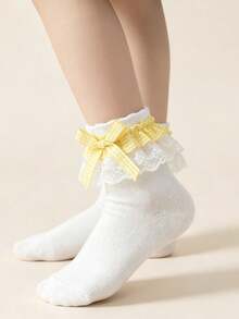 2 Pairs Pure Cotton Kids Lace Plaid Bow Dance Ruffle Princess Fashion Versatile Party Socks - Multicolor - View 7