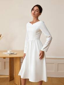Women's Solid Color Long Sleeve Cinched Waist Lace Hem Midi Dress - White - View 5