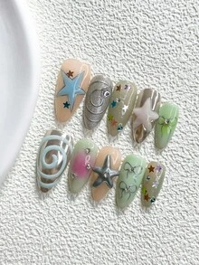 10Pcs Fresh And Sheer Style Handmade Press On Nail,Polygel Nail Set,Hand Carved Stars,Hand Painted Bows,Green And Blue Nail Polish,Leisure Style,Includes Nail Tools,3 Sizes Available,Almond,Duck,Coffin Nails For Party,Dance,Daily Wear. - 彩色 - 查看 3