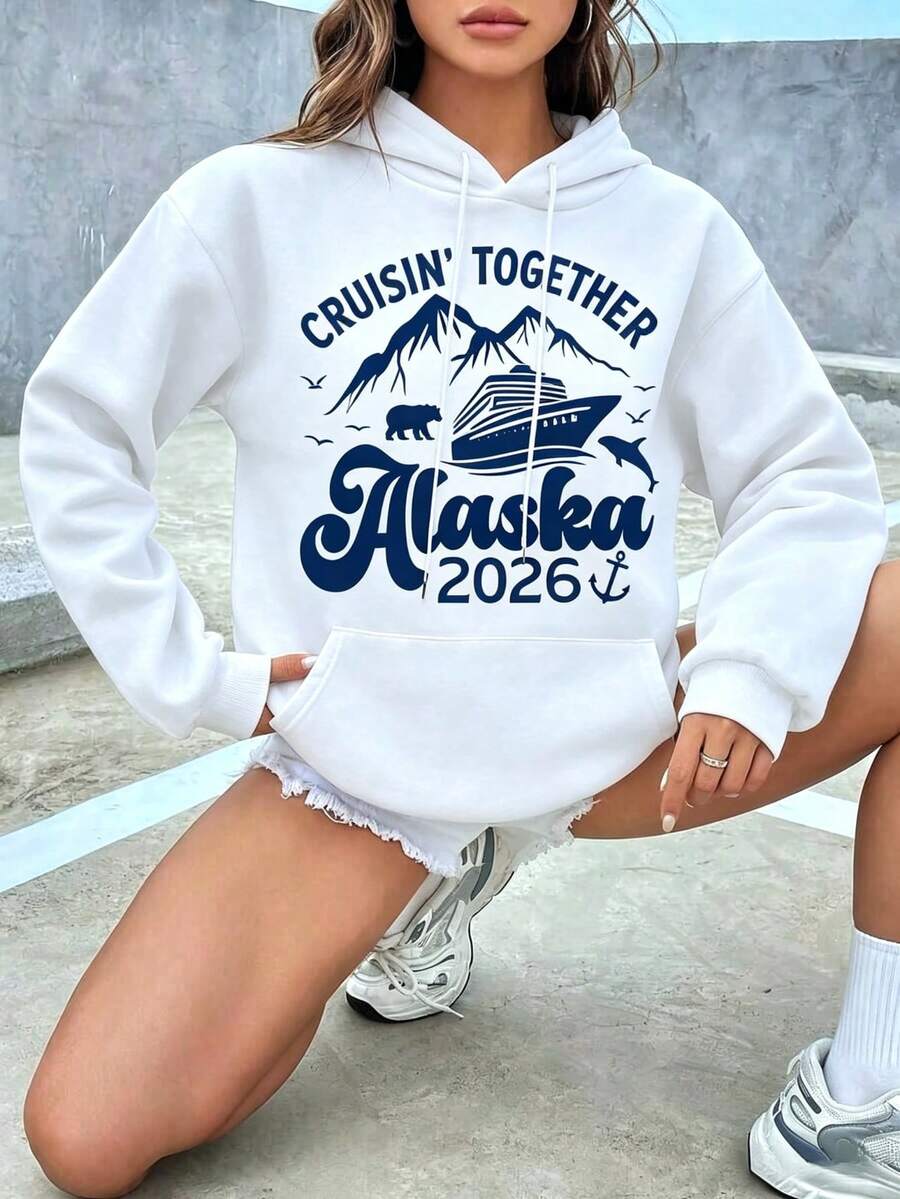 Women Hooded Sweatshirt Cruisin Together Alaska 2026 Cruise Ship Mountains Bear And Dolphin Print For Vacation Travel Summer Holidayprinted Sweatshirt - 白色 - 查看 1