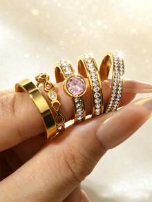 5pcs Elegant Stainless Steel Round Double-Row Rhinestone Pink Zirconia Women's Ring Set, Suitable For Daily Wear, Dating, Confession, Engagement, Wedding Accessories - Gold - View 4