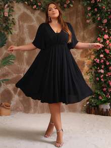 Gaun Bridesmaid Chiffon Tanpa Punggung dengan Lengan Ruffle dan Leher V untuk Wanita Ukuran Plus, Gaun Koktail untuk Tamu Pernikahan - Hitam - View 5