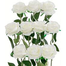 1PC Artificial Rose Bouquet, Realistic Silk Fake Roses With Long Stem, Faux Flower Arrangement For Autumn Home Decor, Bridal Shower, Thanksgiving Party Table Centerpiece, Indoor Vase Decoration, Fall Holiday Floral Ornament - White - View 2