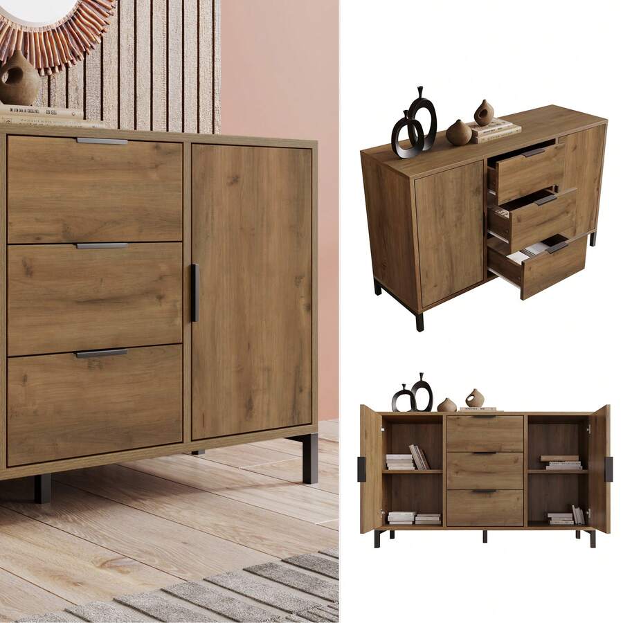 Sideboard With 2 Doors And 3 Shelves, Dark Oak - Dimensions 120x40x76cm - 深色橡木 - 查看 1