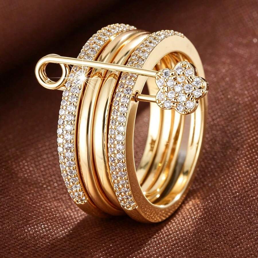 1pc Elegant Four-Ring Plum Blossom Brooch With Detachable Design, Inlaid Cubic Zirconia, Women's Ring - Multicolor - View 1