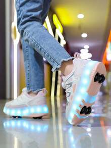 女孩 LED 充電發光輪滑鞋，多功能可變形輪滑鞋，可拆卸輪子，適合四季穿著 - 粉色 - 查看 6