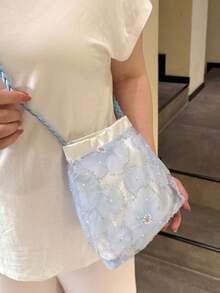 開學季韓系珠飾刺繡網格迷你托特包，附編織肩帶，柔軟美感便攜化妝收納包，適合日常外出與購物 - 淺藍色 - 查看 5
