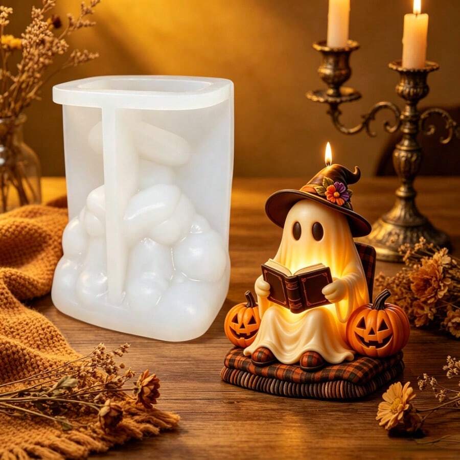 Halloween Reading Little Ghost 3D Aromatherapy Candle Silicone Mold, Witch Hat Pumpkin Decor Ghost Imp Relief Design, Reusable, Easy Demolding, Suitable For Halloween Creative Handmade Gift Making Tool, Holiday Atmosphere Decor, Resin Craft Ornament, Handmade Enthusiast Creative Tool - A - View 1