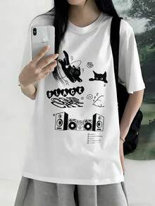 Lässiges Kurzarm-T-Shirt für Damen, locker geschnitten, weicher und cooler Vintage-Stil, Aufdruck mit einer Katze, die Musik hört, reine Stoffqualität, Y2K-Stil, geeignet für häufige Ausflüge und den täglichen - Weiss - Übersicht 1