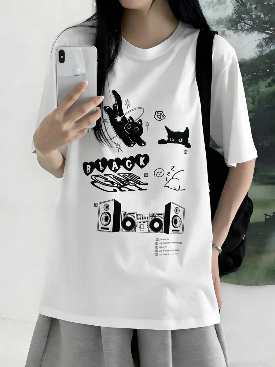Lässiges Kurzarm-T-Shirt für Damen, locker geschnitten, weicher und cooler Vintage-Stil, Aufdruck mit einer Katze, die Musik hört, reine Stoffqualität, Y2K-Stil, geeignet für häufige Ausflüge und den täglichen - Weiss - Übersicht 1