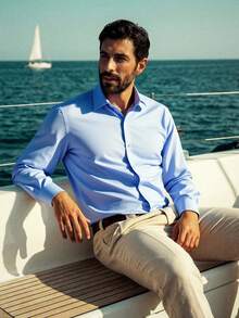 Men's Solid Color Long Sleeve Single-Breasted Casual Dress Shirt - Blue - View 3