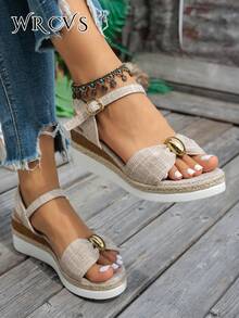 WRCVS Sandal Platform Wedges Tali Anyaman Warna Beige, Sandal Liburan Musim Panas dengan Sol Tali, Sepatu Penambah Tinggi Badan Gaya Bohemian dengan Motif Acak - Krem - View 4