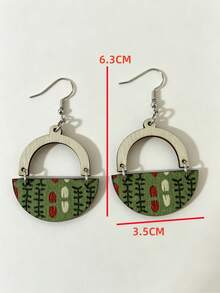 1 Pair Vintage Pastoral Style Half-Circle Printed Floral Patchwork U-Shaped Wooden Earrings For Women - Green - View 2