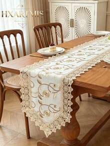 HXARTMIS 1PC Elegant Lace Trim Embroidered Table Runner, White Background With Gold Floral Pattern Tablecloth, Washable Decorative Table Runner, Suitable For Kitchen, Dining Room, Entryway Cabinet, Western Country Style Home Tabletop Decor - milk coffee color - View 5