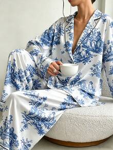 2pcs/Set Women's Satin Pajama Set, White With Blue Floral Landscape And Figure Print, Deep V-Neck Lapel, Long Sleeve, Loose Wide Leg Loungewear - Blue and White - View 2