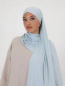 1pc Women's Solid Color Piped Hijab Scarf, Premium Viscose Knit Jersey, Casual Long Headscarf, Soft Fabric, Suitable For Daily Wear, Outings And Gatherings - Baby Blue - View 3