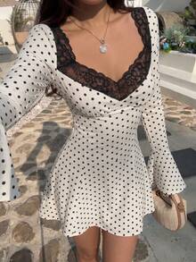 Polka Dot Dress, Elegant Party Dresses Women, Birthday Dress, Ruffle Dress, V-Neck Contrast Lace, Long Flare Sleeve, Slim Mini Dress, Fall/Winter - White - View 2