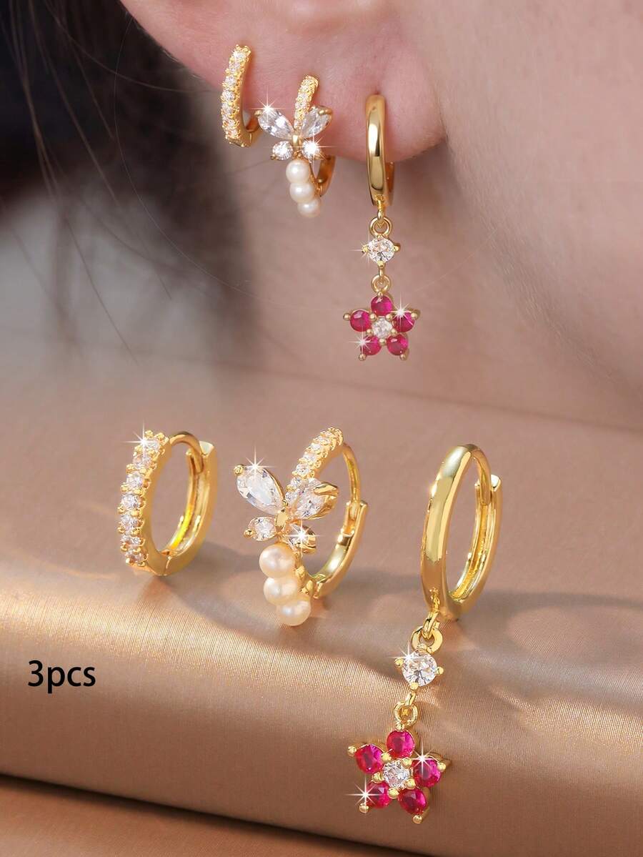 3pcs/Set Vintage Rhinestone Plain Hoop Butterfly Pearl Red Zirconia Flower Mixed Earring Set Suitable For Women Spring Date Commute Wear