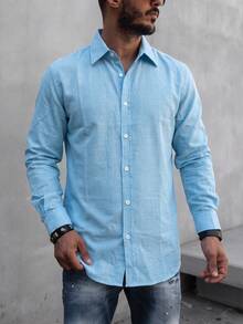 Men's Long Sleeve Casual Fashion Shirt, Spring/Autumn - Baby Blue - View 4