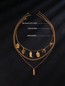 3pcs/Set Boho Cowgirl Layered Necklace For Women, Stainless Steel Gold-Tone Mixed Link Chain With Western Mini Pendant, Party Gift - Multicolor - View 5